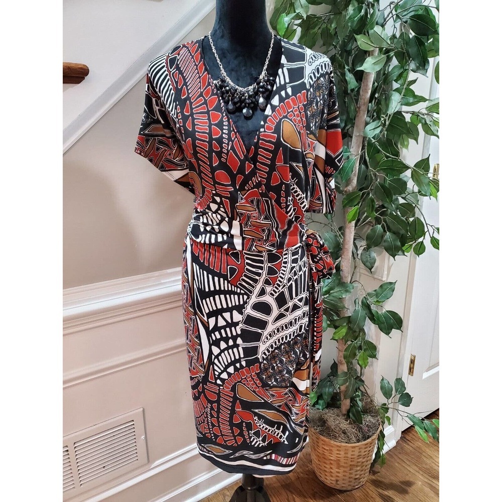 Cato Faux Wrap Multicolor Nylon V-Neck Short Sleeve Knee Length Dress 18/20W